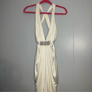 BCBGMaxAzria Cream Halter Gown with Plunge Neckline